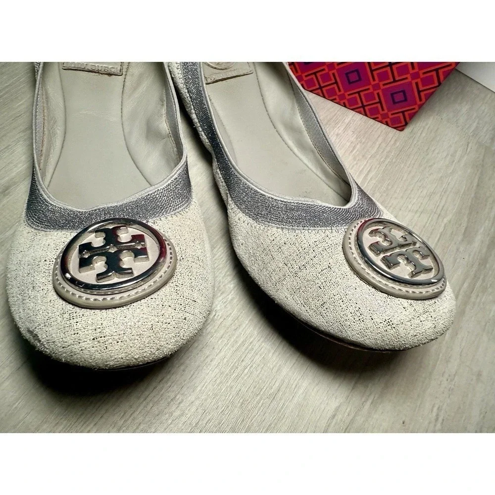 Tory Burch Ballet Flats White Glitter Embellished Logo Women Size 8M